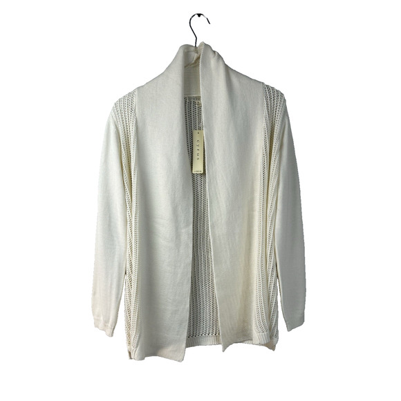 Womens Knit Cardigan Cyrus Mesh Open Front Shawl Collar Long Sleeves Alabaster M - Picture 1 of 9